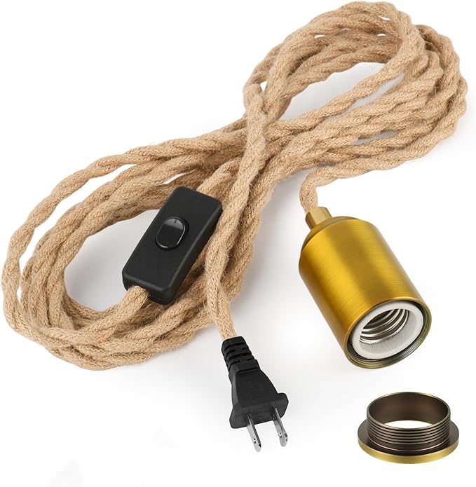 Plug in Pendant Light Kit with Switch - 15 FT Braided Woven Rope Light Bulb Cord, E26 Socket, Vintage DIY Hardwire Swag Lamp Kit for Pendant & Hanging Lights, Hemp Color