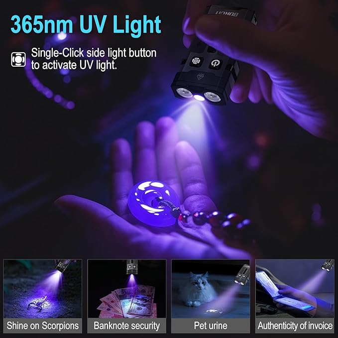 BORUIT EV20 LED Small EDC Flashlight with 365nm UV Light,1100 Lumen USB-C Rechargeable Pocket Keychain Flashlights with RGB Side Light,IP66 Waterproof,Clip & Tail Magnet for Camping,Aluminum Black