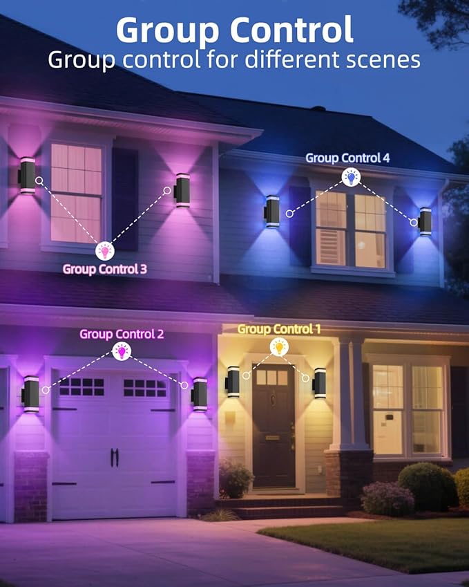 Smart Outdoor RGB Wall Lights, Wi-Fi & App Control Color Changing Up and Down Wall Sconce with Remote, Dusk to Dawn Waterproof Exterior Light Fixture Works with Alexa, Google Assistant, Black Finish