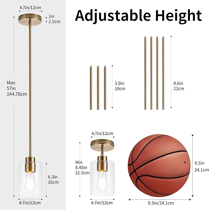 MAYNA 2-Pack Brushed Brass Pendant Lights, Elegant Glass Hanging Lighting with Bulbs, Adjustable Rods Modern Fixtures for Kitchen Island, Breakfast Bar