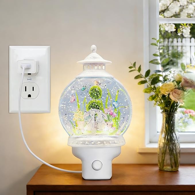 Bunny Night Light Plug-in, Spring Nightlight with Swirling Glitter, Soothing Light Helps Kids Sleep, Rabbit Easter Night Light with USB Cord for Bedroom Nursery Decor Gift
