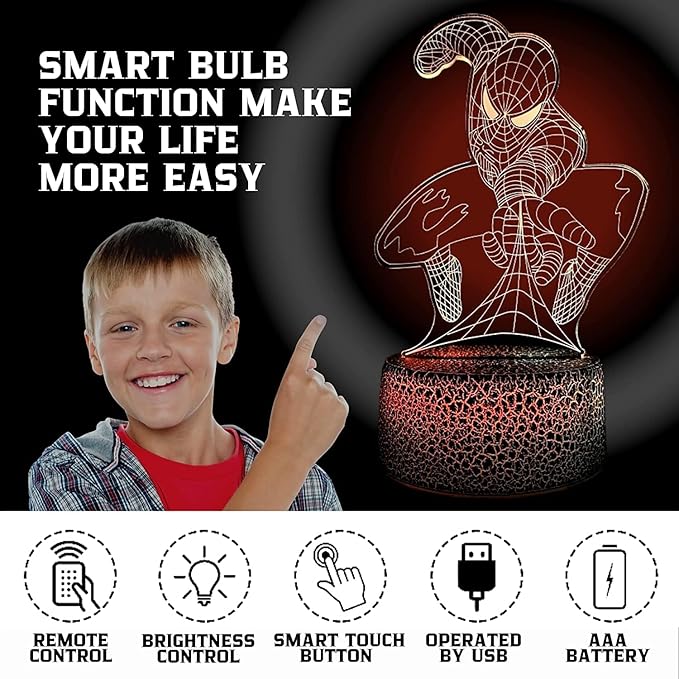 Spider Human Night Light 3D – 3D Illusion Optical Kids Night Lights for Bedroom 16 Colors with Remote 3D Illusion LED Light for Kids Spider Gifts Cute Desk Lamp Ideal Room Decor Gift