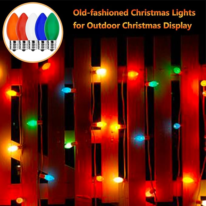 C9 LED Christmas Light Replacement Bulbs, 25 Pack C9 Ceramic Multicolor Glass Light Bulbs, Vintage Christmas Bulbs for Xmas Indoor Outdoor String Lights, E17/C9 Intermediate Base, 0.6 Watt