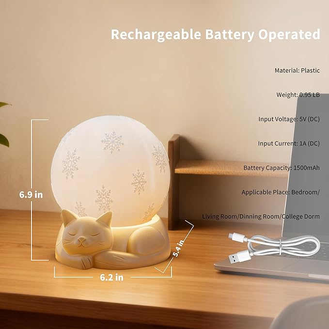 Rotating Cat Lamp, 3 Color Temperatures Table Lamp for Bedroom, Touch Control Rechargeable Nightstand Lamps with USB C Charging for Home Decor, Nursery