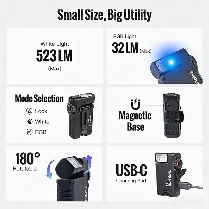 ThruNite T5 Rechargeable EDC Flashlight, 523 Lumens 180° Rotating Head Flat Pocket Light, Versatile RGB & White LED, Magnetic Base Hands-Free Work Light for Hiking, Repair, Emergency, Gifts for Men