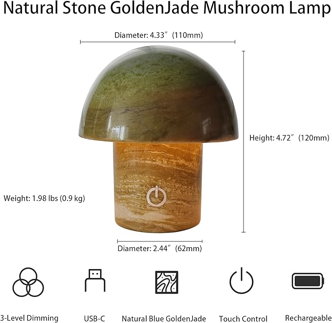Natural Stone Mushroom Lamp - Jade Gemstone Night Light with LED, Touch Control 3 Brightness, USB Rechargeable Bedside Table Decor Gift