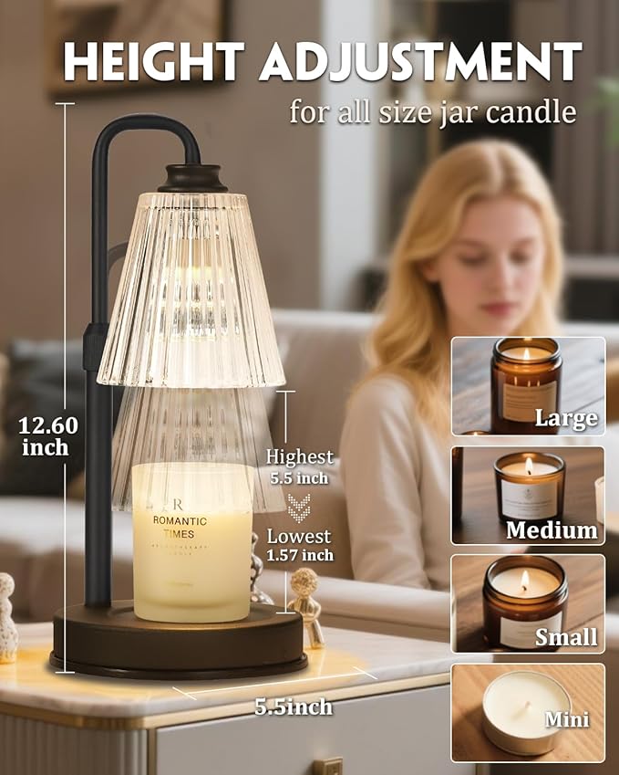 Candle Warmer Lamp With Timer Dimmable Crystal Vertical Stripe, Birthday Gifts for Women Mom, Adjustable Candle Warming Lamp with 2 Bulbs, Black Candle Lamp Warmer for Jar Scented Candles, Home Decor