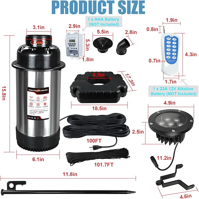 Goldlife Pond Fountain Aerator, F3 With 4 RGB Lights, 1HP 750W 110V Stainless Steel Floating Fountain With 100FT Power Cord, Octagon Aerating Fountain Pump for Small Large Pond Lake Pool Bay Fish farm