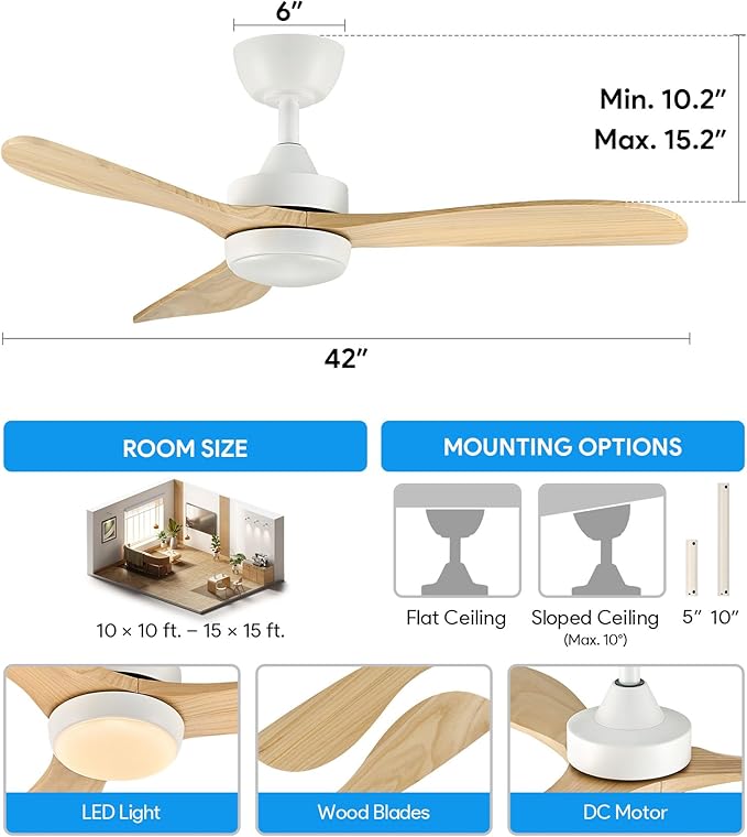 VONLUCE Ceiling Fans with Lights, 42 Inch Ceiling Fan and Remote, 6-Speeds Noiseless Reversible DC Motor, 3CCT, Wood Ceiling Fan for Outdoor Indoor Farmhouse Patios, White