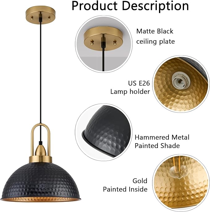 Black Pendant Lights Kitchen Island Industrial Adjustable Height Vintage Farmhouse Dome Hanging Light Fixtures for Barn, Dining Room 2 Packs