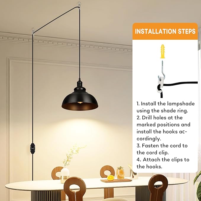 Lightess Black Pendant Lights Dimmable with Plug in Cord and ON/Off Dimmer Switch, Industrial Hanging Kitchen Island Light Fixture, LG9925343