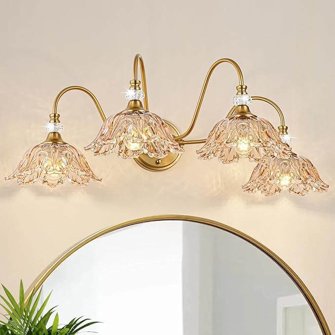 Vintage Bathroom Vanity Light, 4-Light Matte Brass Finish Vanity Light with Floral Amber Glass Shades, Retro Wall Mount Lighting for Bathroom, Dressing Table