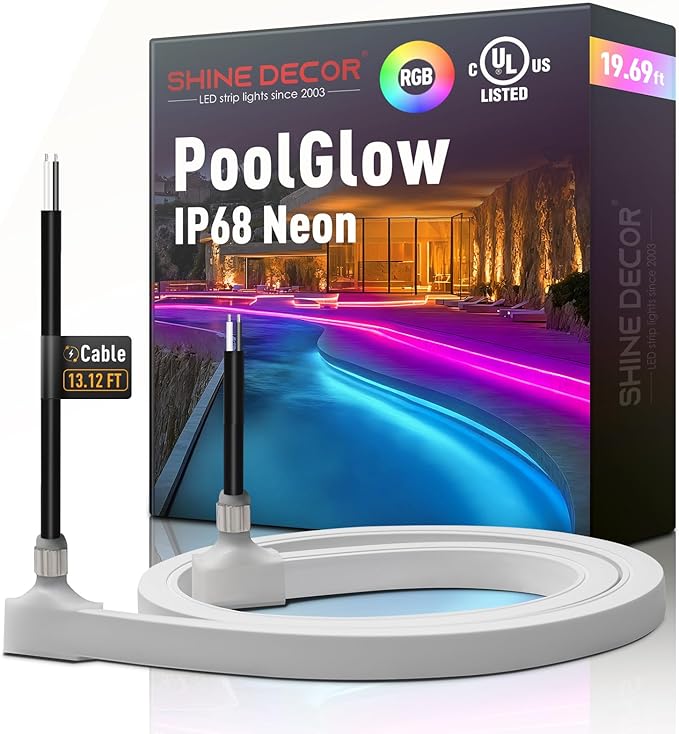 Shine Decor IP68 Waterproof LED Strip Light, 24V Pool Rated Submersible Silicone Neon, UL Listed Underwater Outdoor LED Rope Light for Pool Fountain Waterfall Bathtub, 16x16mm, RGB, 19.69FT