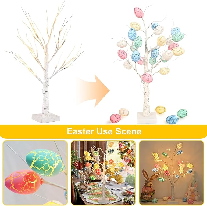 Easter Decorations 2 Pcs 24 Inch Pre-Lit White Birch Tree with 36 Eggs, 24 LED Battery Operated Tree Lights for Party, Home, Dining Table, Easter, Spring Decor