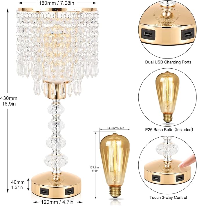 Acaxin Crystal Table Bedside Lamp Touch Control, 3-Way Dimmable Small Nightstand Lamp with 2 USB Charging Ports, Decorative Gold Tabletop Lamp for Bedroom, Living Room and Guest Room