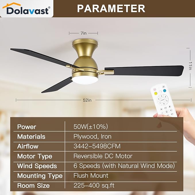 Ceiling Fans with Lights and Remote, 52 Inch Ceiling Fan with Light, Low Profile Reversible Ceiling Fans, Dimmable LED, Flush Mount, Quiet, DC Motor, Gold Ceiling Fan for Bedroom, Kitchen