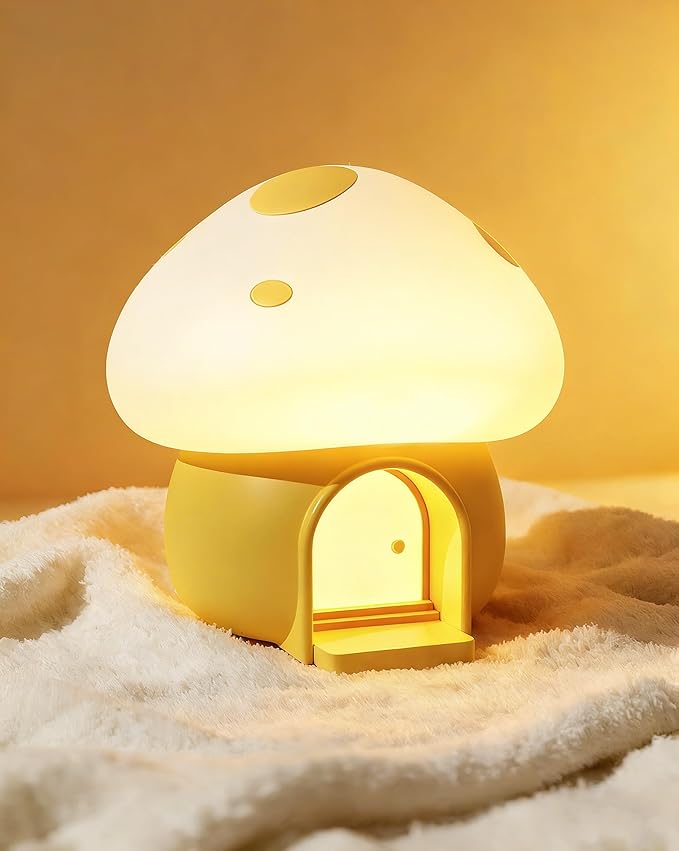 Kids Night Light, Kawaii Bunny Mushroom House Silicone Night Light with Tap Control, 3-Step Dimmable, 30/60 Min Auto-Off Timer, Rechargeable Bedside Nursery Lamp (Yellow)