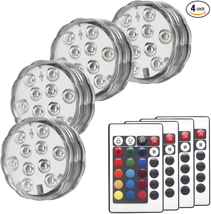 Submersible LED Lights, 16 Colors 4 Modes Battery Powered RGB Underwater LED Floral Lights with 24 Key Remote (4 Packs)