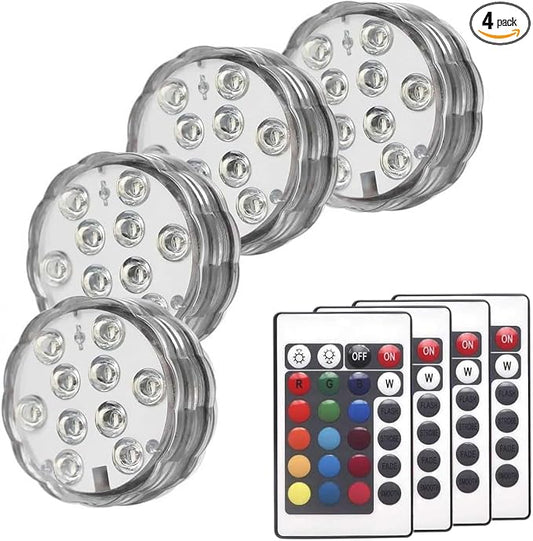 Submersible LED Lights, 16 Colors 4 Modes Battery Powered RGB Underwater LED Floral Lights with 24 Key Remote (4 Packs)