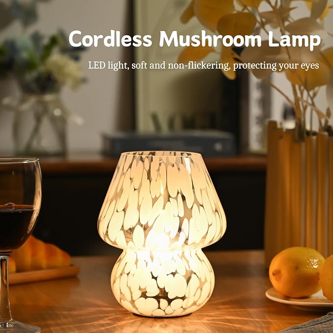 Mushroom Lamp Small Bedside Table Lamp, Battery Operated Mushroom Desk Lamps with LED Bulb, Translucent Glass White Cordless Lamp for Bedroom Nightstand Living Room