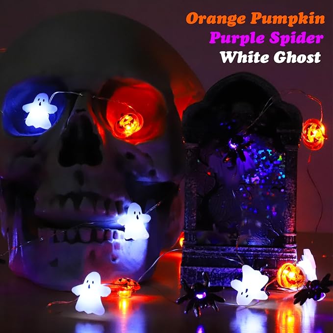 Halloween Decorations Fairy Lights White Ghost Orange Pumpkin Purple Spider, 30 LED Copper String Lights with Remote Control Battery Operated for Cosplay Party Supplies, Gothic Halloween Decor