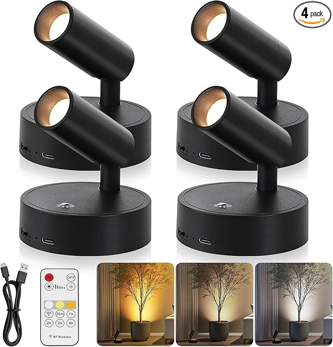 Spotlight Indoor, Wireless Uplighting Indoor with Remote Dimmable, 350° Rotate, Battery Powered Ceiling Spotlight for Artwork Painting Tree Plant Picture Lights, 4 Pack