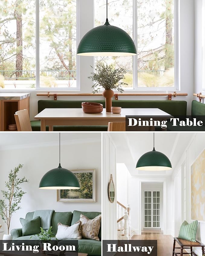 16 inch Green Pendant Light 2 Pack, Hammered Large Industrial Pendant Lights Kitchen Island, Green Dome Pendant Light for Kitchen Island, Dining Room, Bar