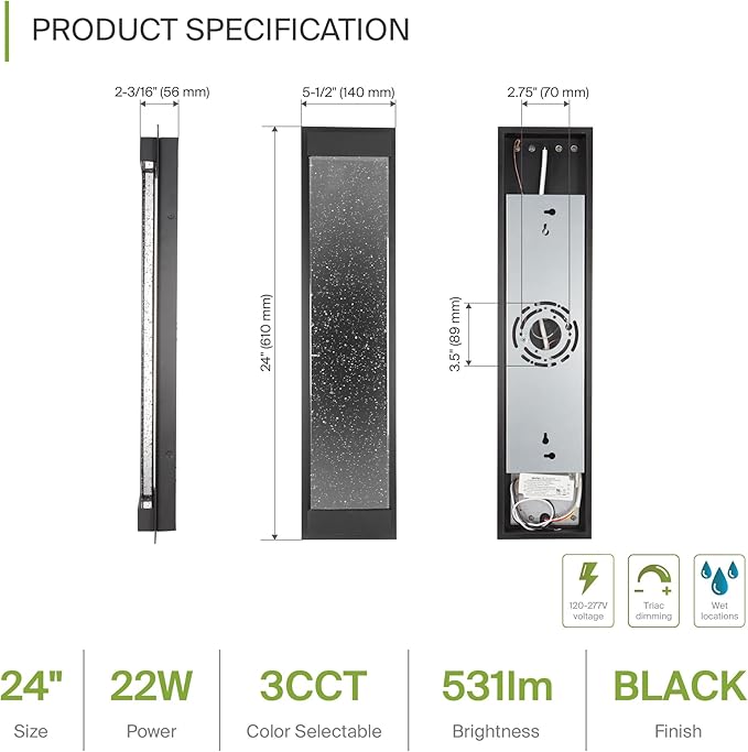 ASD LED 24" Bubble Glass Wall Light Fixture, Outdoor & Indoor Seeded Sconce | 3CCT, Waterproof, Dimmable, Up-Down Glow, ETL Listed | 22W 530LM 3000-5000K 100-277V | Porch Lighting | Black, 4 Pack