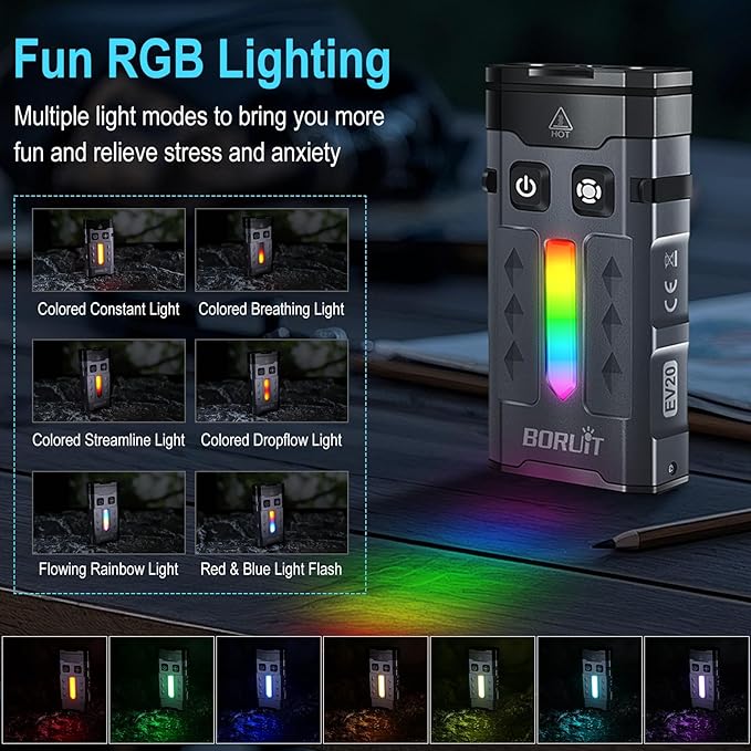 BORUIT EV20 LED Small EDC Flashlight with 365nm UV Light,1100 Lumen USB-C Rechargeable Pocket Keychain Flashlights with RGB Side Light,IP66 Waterproof,Clip & Tail Magnet for Camping,Aluminum Black