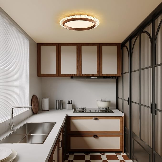 Modern LED Ceiling Light,Dimmable Wood Flush Mount Ceiling Light Fixture,3000K-6000K Round Remote Control Walnut Wood Ceiling Lamp Fixture for Bedroom,entrway,Laundry Room,Kitchen,Hallway,Living Room