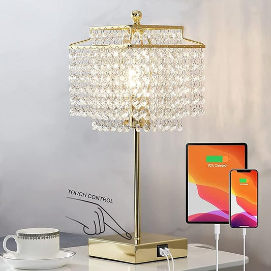 Luvkczc Crystal Touch Table Lamp, Bedside Lamps with with USB C+A Ports, Gold Bedroom Lamp, Dimmable Lamp with Crystal Shade, Nightstand Lamps for Bedroom, Living Room, Bulb Included