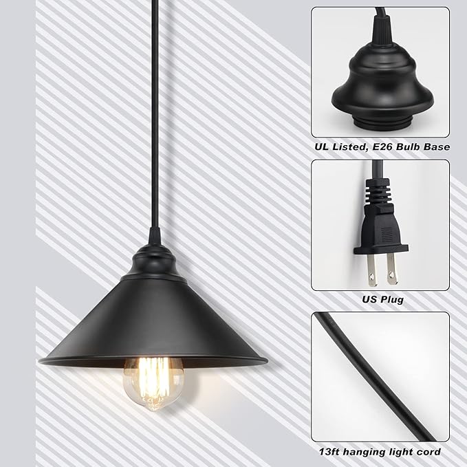 Plug in Pendant Light, Industrial Hanging Light with Plugin Cord On/Off Switch, Farmhouse Pendant Lights with Plug-in Cord, Vintage PendantLight Fixture, Hanging Lamps