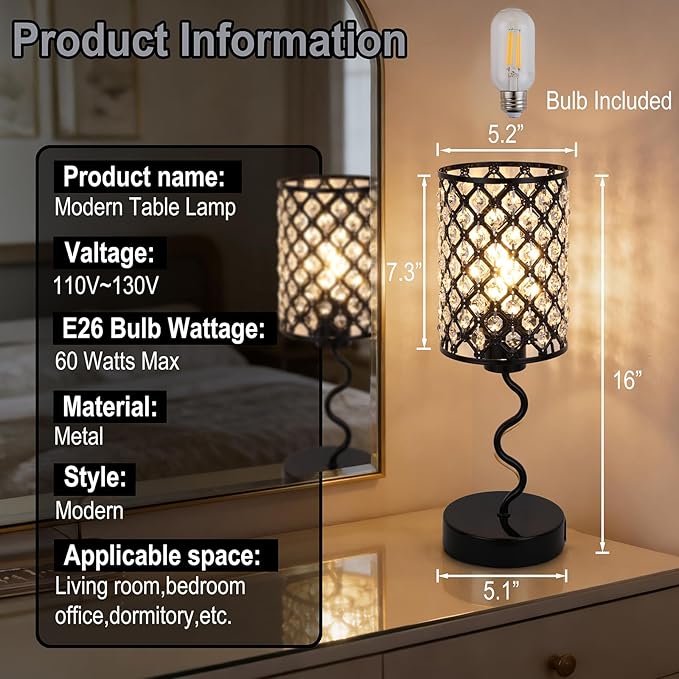 Crystal Table Lamp with 3 Way Dimmable Touch Control, Nightstand with USB A+C Ports, Modern Bedside Touch Lamp for Bedroom, Living Room, Office Reading, Black