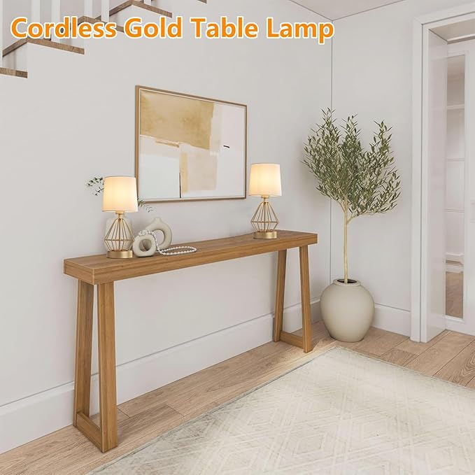 Gold Cordless Lamp,Touch Stepless Dimming,8000mAh Rechargeable Battery Table Lamp,Gold Cage Frame Wireless Lamp,White Lampshade,14.7inches Tall
