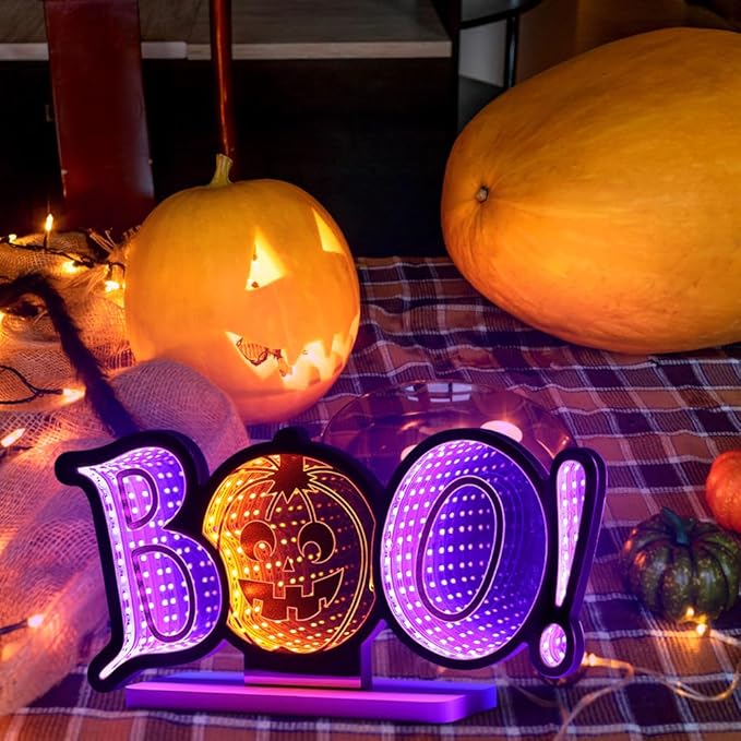 MEETYAMOR Halloween Decorations Indoor, BOO Pumpkin Infinity Mirror Tunnel Light for Halloween Decor, Night Lights with Endless Extension for Home Living Room Bedroom Mantel Table Centerpiece Lamp