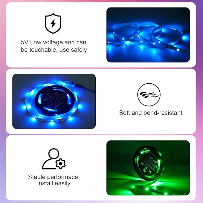 20ft LED Strip Lights Color Changing Mood lamp USB 5V Operated RGB 5050 LED Tape Lights Bedroom, Kitchen Cabinet Light with IR Remote Controller and Dimmable