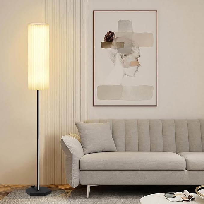 Drum Lamp Shade for Floor Lamps and Chandelier, 15.7"x6.1"x6.1" Linen Round Pleated Barrel Shade in White, Large Replacement Lamp Shade for Modern Interiors