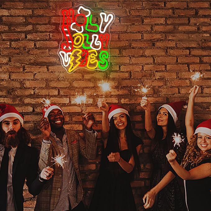 Horseneon Holy Jolly Vibes Neon Sign, Merry Christmas Neon Sign for Wall Decor, USB Powered LED Sign for Christmas Party, Home, Bedroom, Living Room, Bar