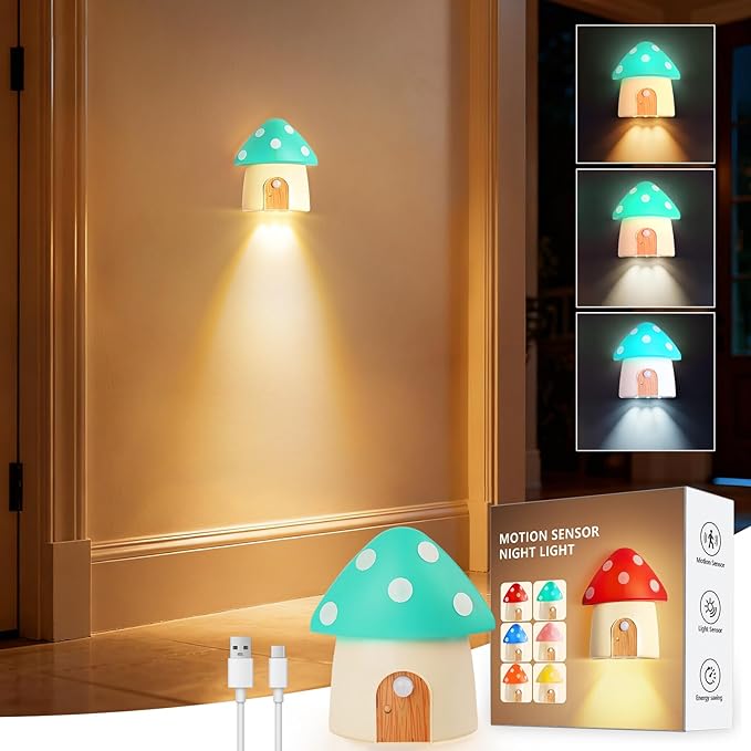 Motion Sensor Night Light, Rechargeable Stair Lights Indoor,3 Lighting Modes, Cute Mushroom Design for Kid's Bedroom, Kitchen, Bathroom, Hallway & Stairs - Ideal Home Decor & Gift, Green
