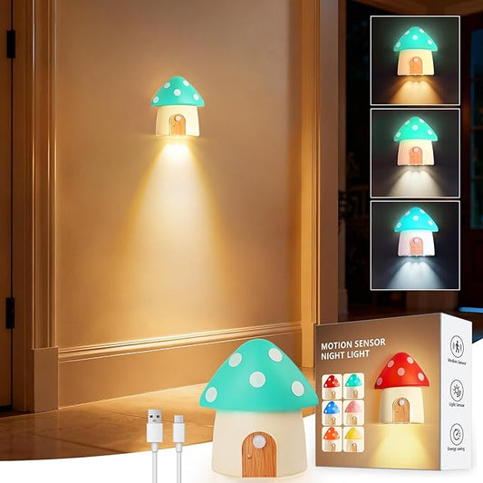 Motion Sensor Night Light, Rechargeable Stair Lights Indoor,3 Lighting Modes, Cute Mushroom Design for Kid's Bedroom, Kitchen, Bathroom, Hallway & Stairs - Ideal Home Decor & Gift, Green