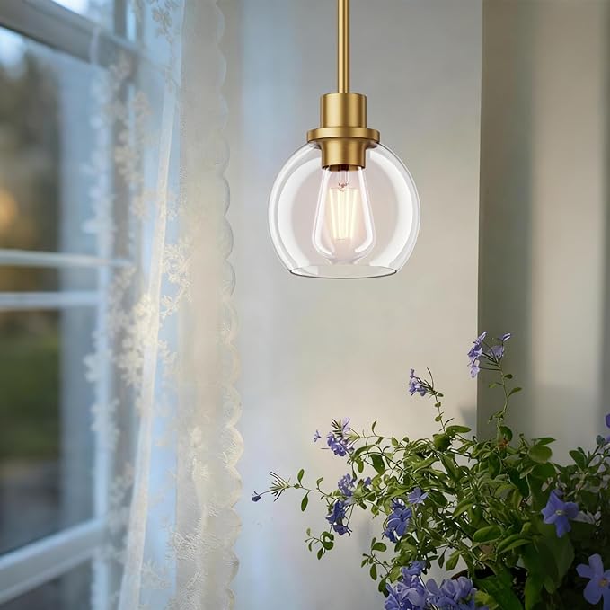 Ralbay Brushed Gold Pendant Light 2-Pack, Farmhouse Pendant Light Fixtures with Globe Clear Glass Shade, Kitchen Island Lighting for Dining Room, Rustic Adjustable Hanging Lighting Fixture