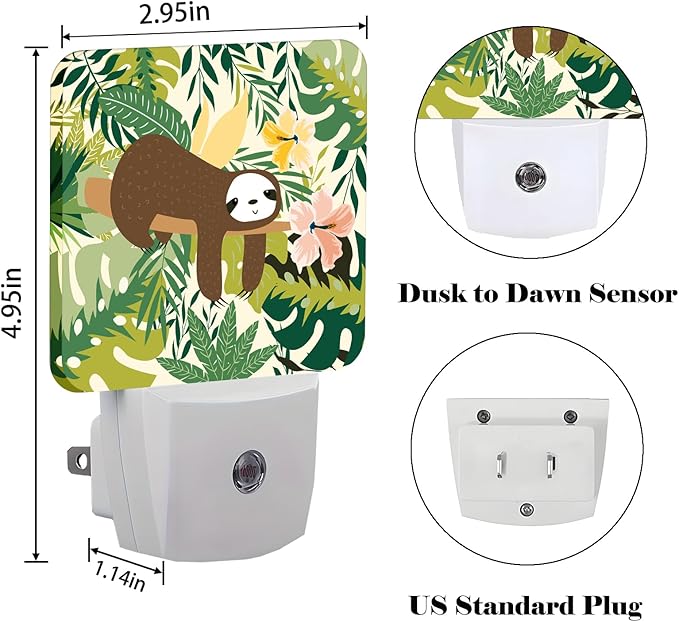Cute Sloth in Jungle Night Light,Plug-in Night Lights with Dusk to Dawn Sensor for Stairway,Hallway,Bedroom Sleep Friendly Ideal for Women/Girls/Boys Gift,0.5w