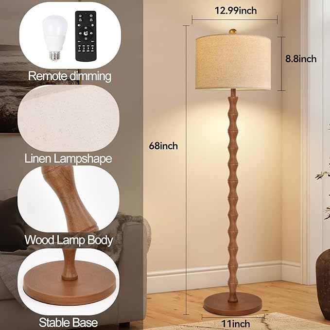 Vintage Floor Lamp for Living Room,Bedroom,Farmhouse Mid Century Standing Lamp with Remote,Dimmable Rustic Industrial Wood Tall Lamp Retro Floor Light Boho Bohemian