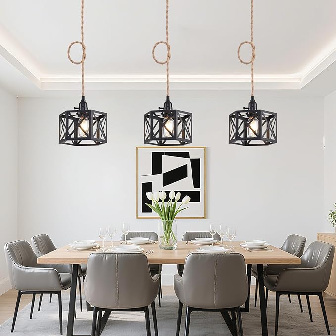 3 Light Plug in Pendant Light Rattan Hanging Lights with Switch 22FT Industrial Ceiling Light,Plug in Cord with Woven Hemp Rope Lamp Shade, Hanging Lamp Cord Farmhouse Cable DIY