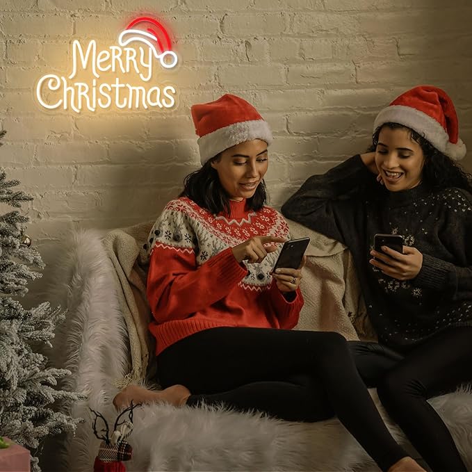 Merry Christmas Neon Signs, Warm White Christmas Neon Light with Santa Hat,USB Powered Dimmable LED xmas Lights Sign for Bedroom Home Living Room Party New Year Festival