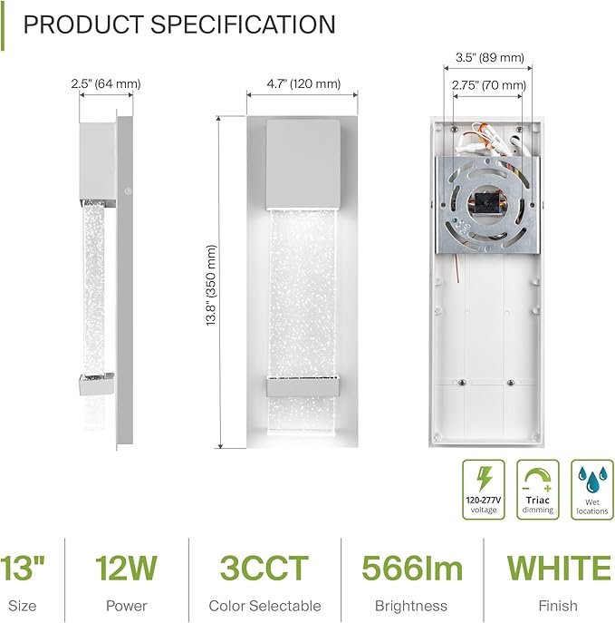 ASD LED 13 Inch Bubble Glass Wall Light Fixture, Exterior Flush Mount Sconce | 3CCT, Waterproof, Dimmable, ETL Listed | 12W 500LM 3000-5000K 120V | Outdoor-Indoor Lighting | White