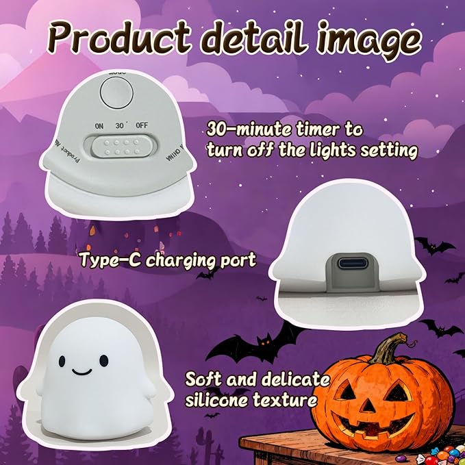 Ghost Night Light Color Changing, Cute Cloud Decor with Colors & 50Hrs, Tap Control Light Up Ghost for Kids, Rechargeable Halloween Gifts, [Women Gifts]