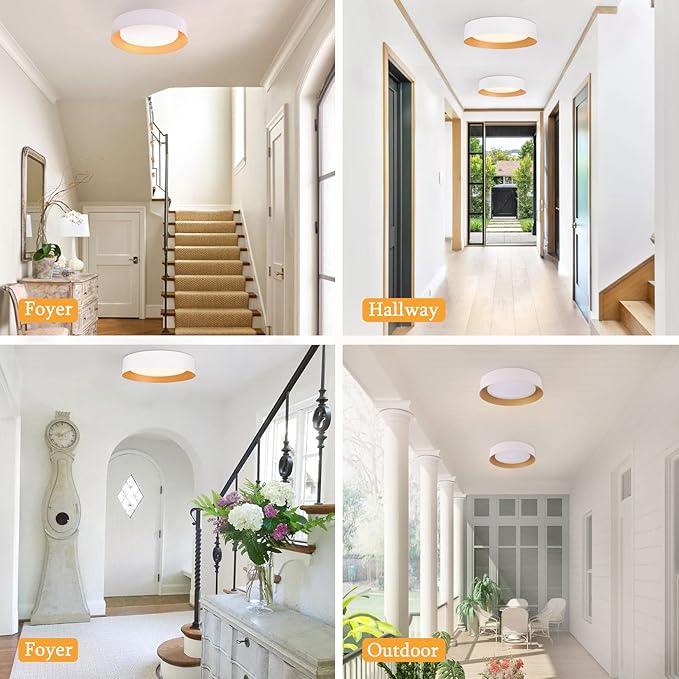 Bargeni 16.5 inch Dimmable LED Flush Mount Ceiling Light, Matte White with Gold Inside, 3000K/Warm White/30W, Modern Light Fixture for Closet and Hallway