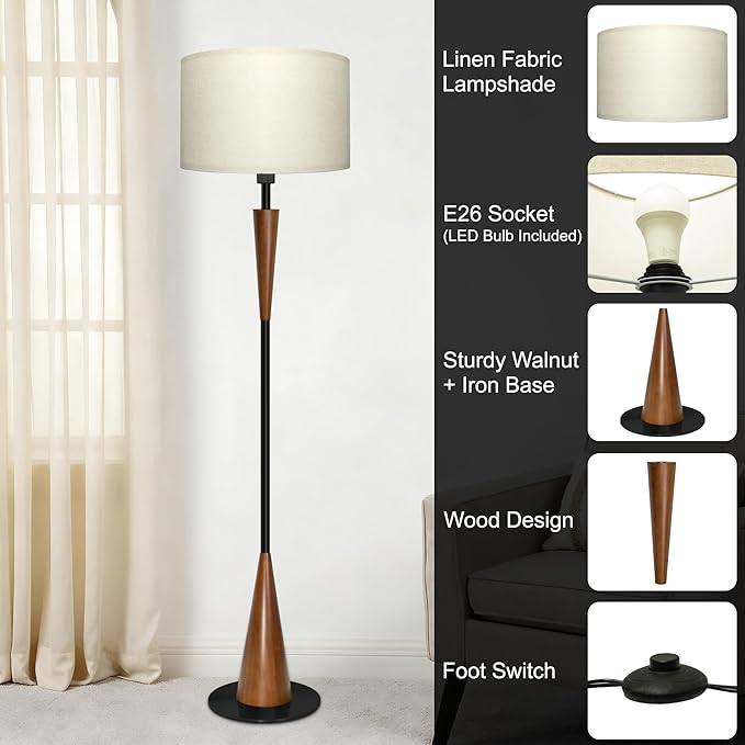 Floor Lamp for Living Room, Wood 3 Color Temperatures & Linen Shade, Modern Reading Standing Lamp with 9W LED Bulb, Mid Century Night Light for Farmhouse, Bedroom, Office