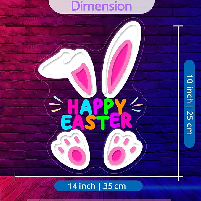 Happy Easter Neon Sign, LED Light Up Cartoon Bunny Decorations for Kids Bedroom, Nursery Room, Classroom, Home, Acrylic Wall Mounted Lighted Rabbit Decor, Easter Gifts for Boys and Girls, 14 x 10 Inches, USB Powered